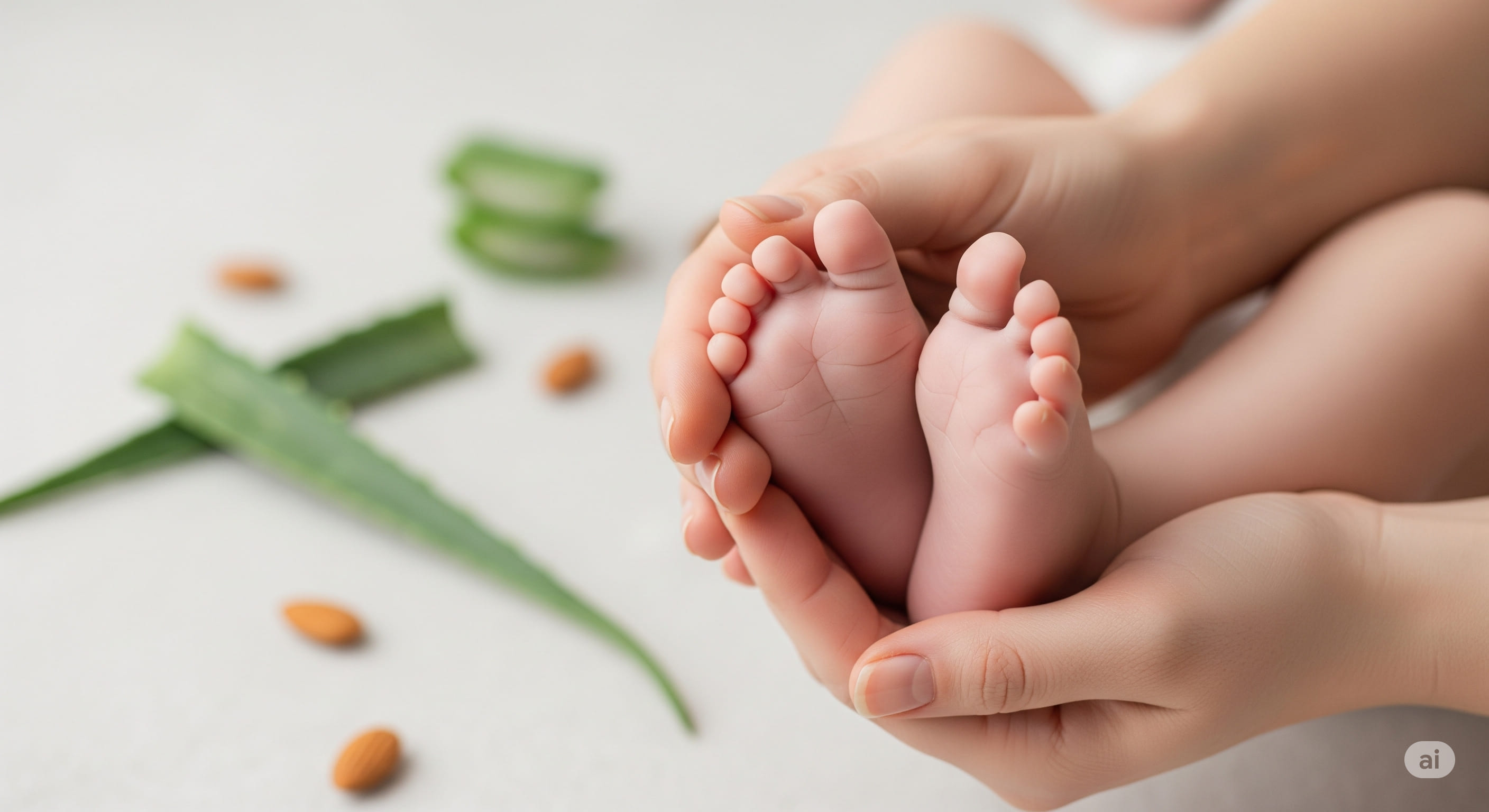 Manos de adulto aplicando crema a pies de bebé